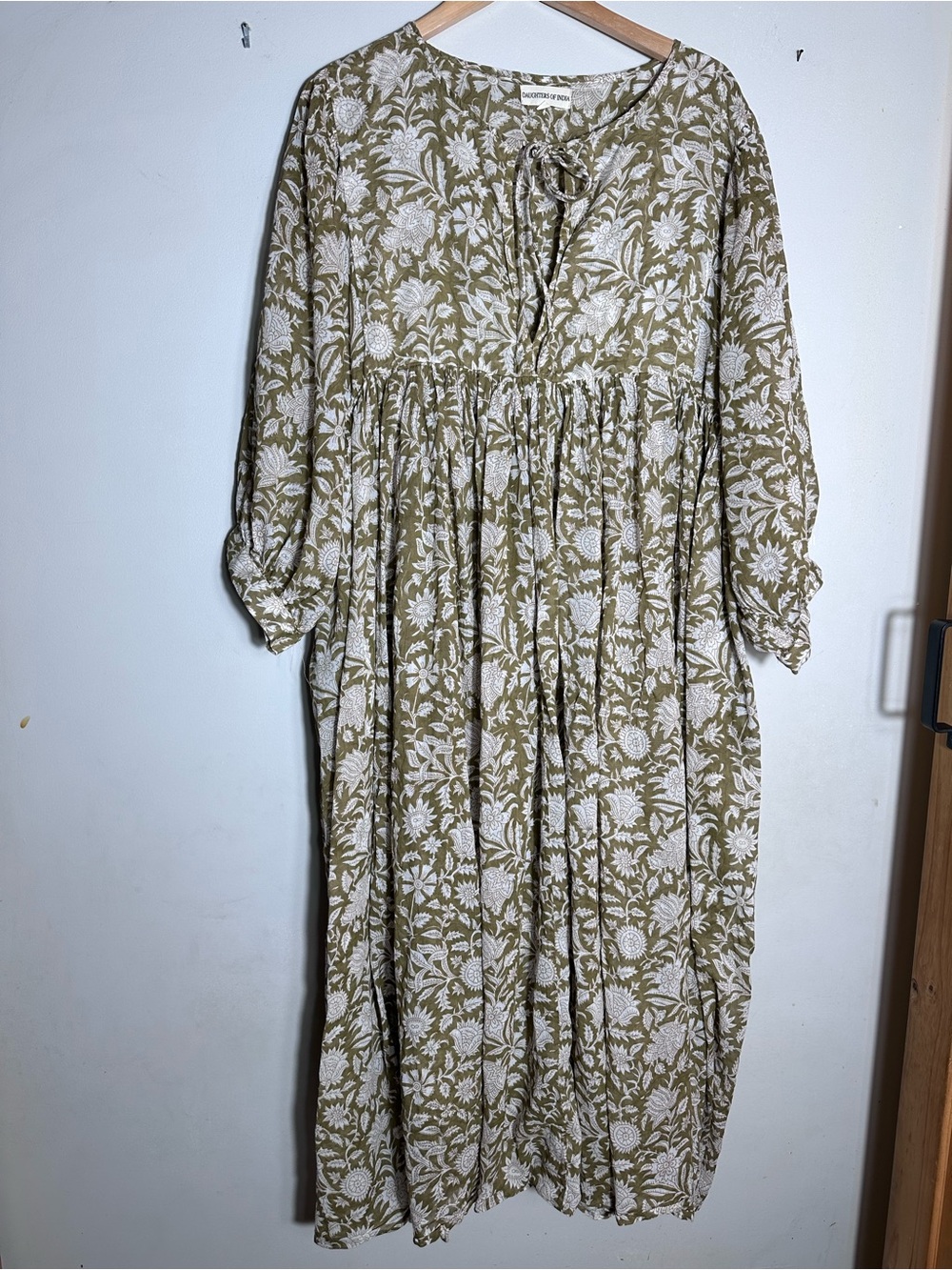 Daughters of India Olive Green Floral Tie-Neck Maxi Dress bohemian